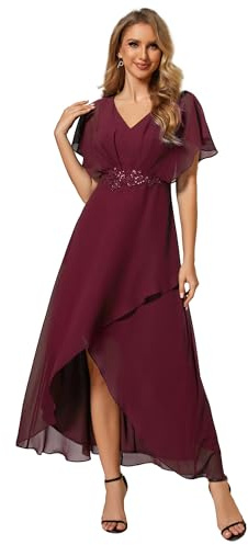 Ever-Pretty Elegante Vestidos de Dama de Honor de Gasa con Cuello en V Vestidos de Noche de Largo A-Línea de Vintura Alta Volante de Manga Corta Burdeos 36