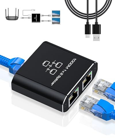 GNUADZ Switch Ethernet da 1 a 2 1000Mbps Sdoppiatore Ethernet Alluminio Splitter Gigabit LAN con Cavo di Alimentazione USB C. Adatto a Computer,Router,Set Top,Box,TV