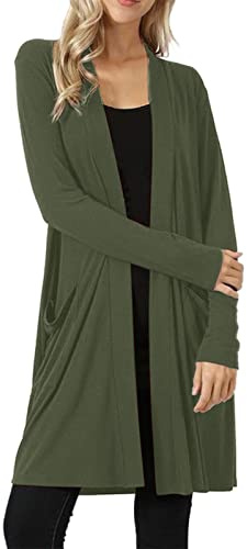 IQYU Chaqueta de punto negra para mujer larga con bolsillo, chaqueta fina de verano, deportiva, elegante, chaqueta de entretiempo para mujer, cárdigan de punto fino, cárdigan de otoño, Verde militar.,