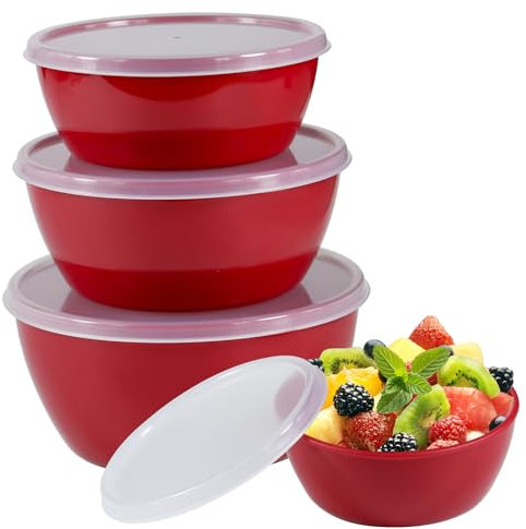 ATRDTO Set of 4 Plastic Prep Bowls with Lids，Microwave and Dishwasher Safe,Ideal for Baking, Prepping, Cooking and Serving Food (Red)