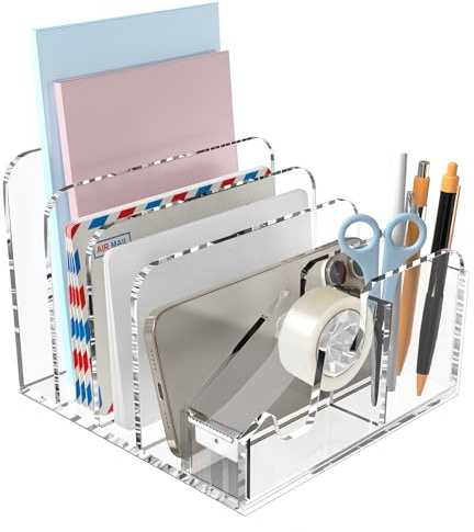MerryNine Acryl-Schreibtisch-Organisator, Clear Desk Storage mit 4 Fächern, Bleistifthalter für Büro, Haus, Schule Schreibtisch Organisation