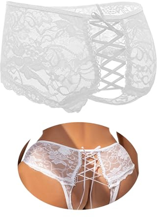 ohyeahlady Höschen Ouvert Damen Sexy Große Größen String Tanga Dessous Damen Sexy Unterwäsche Spitze Unterhosen Offener Schritt Brazilian Slip Hipster Übergröße Panty Reizwäsche Weiß,XL-XXL