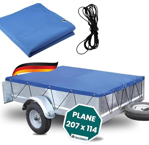 TRAILERKRAFT® Anhänger Plane 207x114 cm inkl. Gummiseil PlusPro | Anhängerplane Flachplane PVC PLANENMATERIAL Verstärkte STEMA Anhänger Plane für 750kg PKW Hänger Abdeckplane Anhänger Abdeckung | Blau