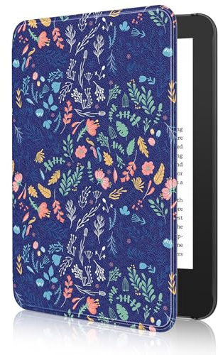 MoKo Hülle für 6 Amazon Kindle 11.Gen,2024/2022, Blumen auf Blau | Leichte Schutzhülle,Auto Aktiv-/Ruhemodus, Wasserdichte Schutzhülle,für Amazon Kindle Basic 11. Generation 2024/2022