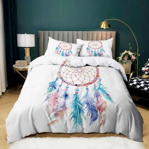 Bettbezug Bedruckt Bettwäsche-Set 240 × 220 cm, Drucken Bettbezug TraumfäNger Mit Aquarellfedern Bettwäsche-Set auf Weiches Mikrofaser-Baumwolle 1 Bettbezug Bunt und 2 Kissenbezug
