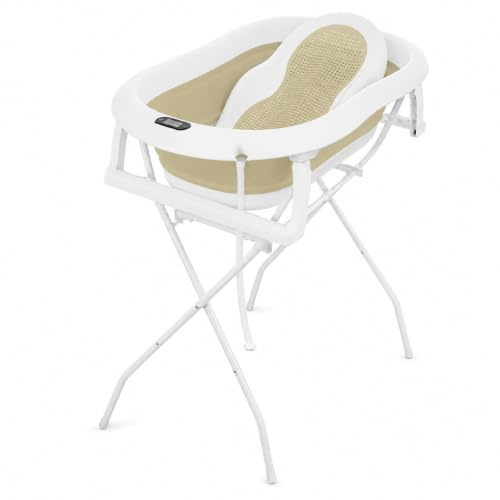 Primabobo PREMIUM Bade-Set für Babys mit Faltbarer Babybadewanne, Intelligentem LCD-Thermometer, Ergonomischem Badesitz und Stabilem Gestell, Luxus Babybadewanne 80 cm, Beige
