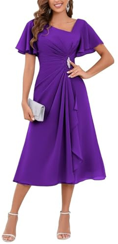 YIANN Classy Tea Longueur Mère de la mariée Robes avec manches pour mariage A Line mousseline de soie robe de soirée formelle, violet, 42