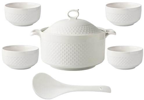 NNYCC Suppenterrine mit Schüsseln, Porzellan Suppen Servierschüssel mit Deckel und Schöpfkelle weißes Geschirr-Set für Zuhause Küche Restaurant,2.4l+4