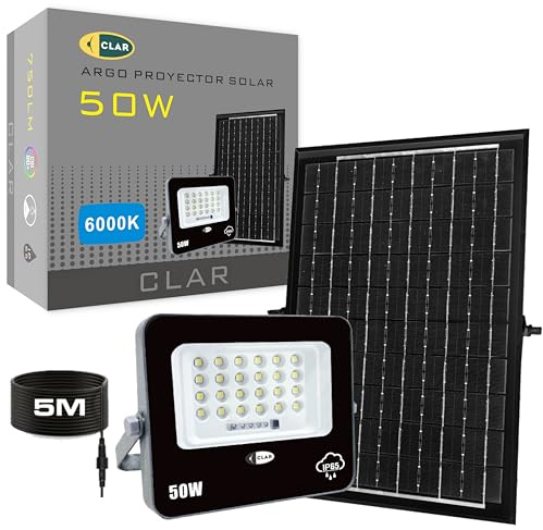 CLAR - Solarstrahler für Außen, Solar LED Strahler, Solarlampen für Außen Ohne Bewegungsmelder, Solarpanel 50W, Solar Scheinwerfer für Außen, Solar Flutlicht, Solar led Strahler Außen (Pack 1)