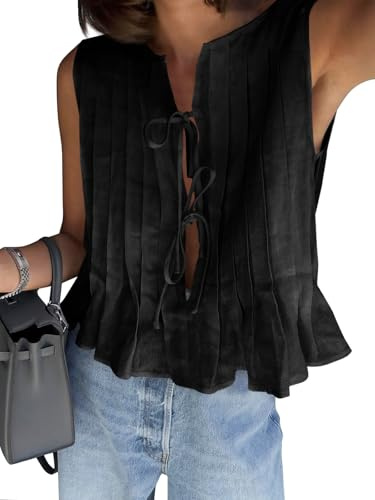 Cicy Bell Womens Bow Front Tie Tank Tops Pleated Babydoll Top Sleeveless Cute Coquette Shirt Summer Outfits Black
