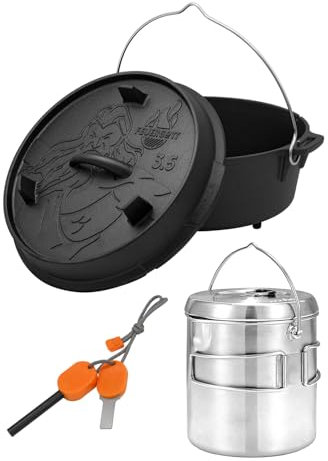 FEUERGOTT - Set Dutch Oven 3,5 l avec pieds – Marmite en fonte Solo Stove Pot 1800, allume-feu – Idéal pour le camping, le brasero, la cuisine en plein air, les accessoires de barbecue, le barbecue