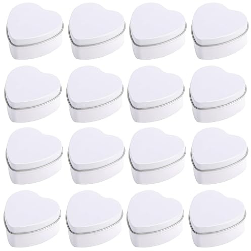 16 barattoli in metallo con coperchio, 56,7 g, vuoti, a forma di cuore, per candele, artigianato, caramelle, bomboniere (bianco)
