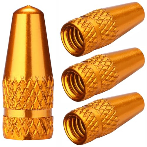 Aluminum Presta Valve Stem Caps – Gold Tire Air Dust Covers for Bike (4 Pack) – Fit French Valves on Road, MTB, Hybrid, Racing, Fitness, Folding & Fat Bikes