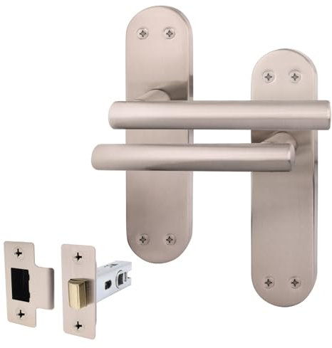 EAI Satin Door Handle Latch Set | 1 Pair of Satin Nickel Internal T-Bar Handles on Backplate & Latch (64mm) | Oliena Range