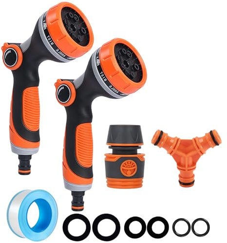 2Pack Garden Hose Pipe Spray Gun,Garden Hose Nozzle with Tap Hose Connectors Fittings Set,Multi Adjustable Patterns High Pressure Water Hose Spray Gun for Garden Plants,Pets Bathing,Car Cleaning