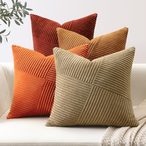 Sungeek 4er Set Cord Kissenbezüge, Windmühle Streifen Kordsamt Kissenbezug Sofakissen Dekokissen Patchwork Design Deko Zierkissenbezüge Kissenhülle für Wohnzimmer (40x40cm, Braun Rost)