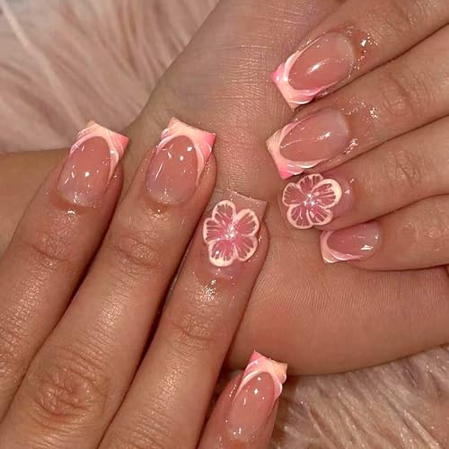 Viugex 24Pcs Press on Nails Kurz Eckig, Nägel zum Aufkleben mit 3D Blumen Perlen Design, Natürlich Falsche Nägel Glänzend Gel Fingernägel zum Aufkleben, Full Cover Kunstnägel Fake Nails für Frauen
