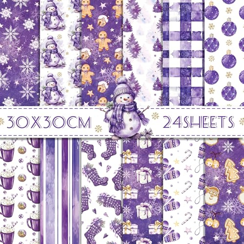 24 Blatt Scrapbook Papier Weihnachten Lila Schneemann Bastelpapier Weihnachten Basteln Motivpapier,12 Designs Scrapbook Craft Papier Karte Herstellung DIY Hintergrundpapier,12x12Inch