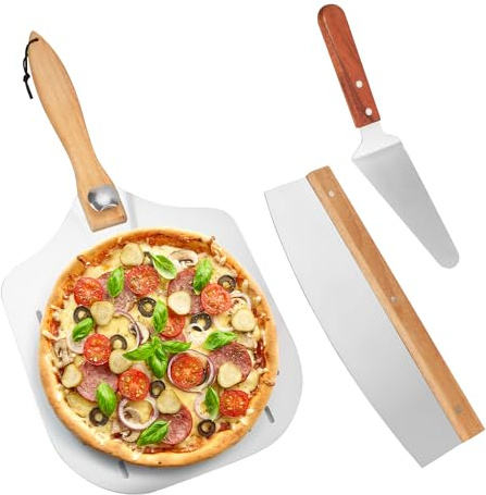 WENLISELL Stainless Steel 12 Inch Pizza Peel with Foldable Wood Handle, Pizza Peel Tools Set Include Pizza Cutter, Pizza Server, Pizza Paddle