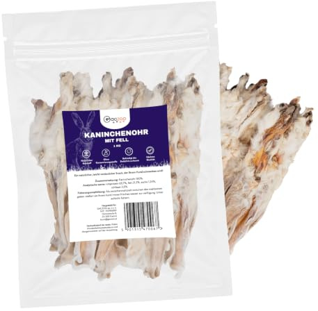 Gaczoo Kaninchenohren mit Fell für Hunde - Hundeleckerli Getrocknet für große & kleine Hunde - 100% ohne Zusätze, Hypoallergen- Langer Kauspaß - Zahnpflege und Kautrieb - 1kg