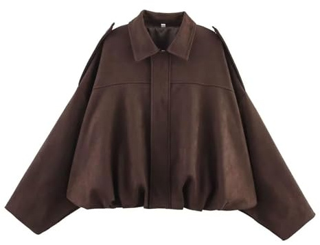 Faux Suede Jacket Women Oversized Long Sleeve Zip Up Epaulet Bomber Leather Jackets Oversized Casual Coat (UK, Alpha, M, Regular, Regular, Coffee)