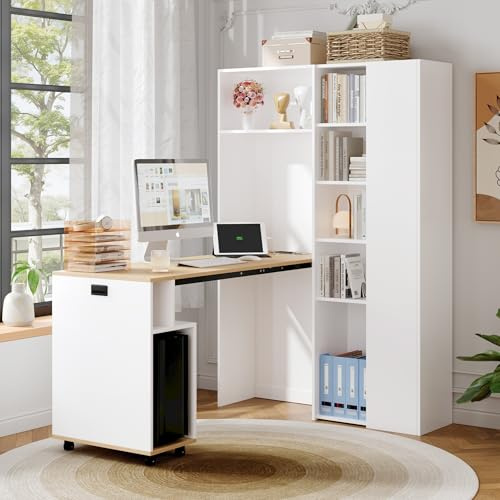 SUKY Escritorio plegable con estantes 2 en 1, estantería plegable, con enchufe y puerto USB, estantes de altura ajustable, protección antivuelco, escritorio de esquina, 104,5 x 30,5 x 160 cm