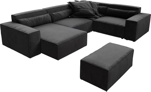 DELIFE Wohnlandschaft Sirpio Mikrofaser schwarz 300x210 cm Recamiere variabel mit Hocker