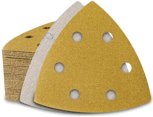 PMIQSA 60 Piezas Triángulo De Lijado Delta 93 x 93 x 93mm 6 Agujeros | Granos 220 Papel de Lija Triangular Hojas de Lija Triangulares Lijado y Pulido para lijadoras delta