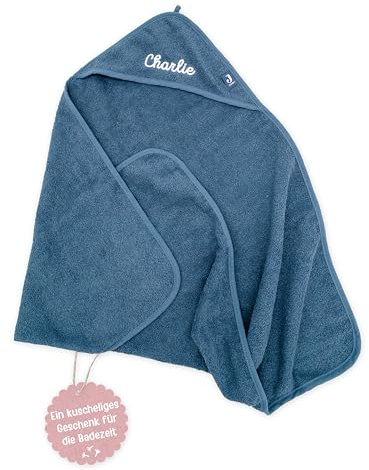 wunderwunsch Kapuzenhandtuch Jollein Baby als Geschenk zur Geburt, personalisiert mit Wunschnamen, Babyhandtuch, Babytuch, Bademantel für Babies, individualisiert mit Namen (blau, 75x75c)