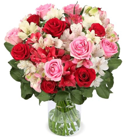 Blumenstrauß Rosenwunder XL, 30 Stiele, Rosen und Inkalilien, Rot, Weiß, Rosa, 40-50cm Länge, Qualität vom Floristen, handgebunden, perfekte Geschenkidee