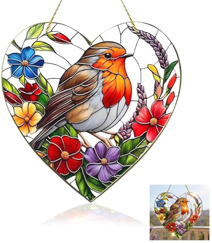 Robin Gifts,Sun Catchers for Windows,Heart-Shaped Stained Robins Suncatcher Hanging Garden Ornaments Acrylic Colorful Window Sun Catchers Decoration Gift Kit for Family,Friends,Colleagues(20x20cm)