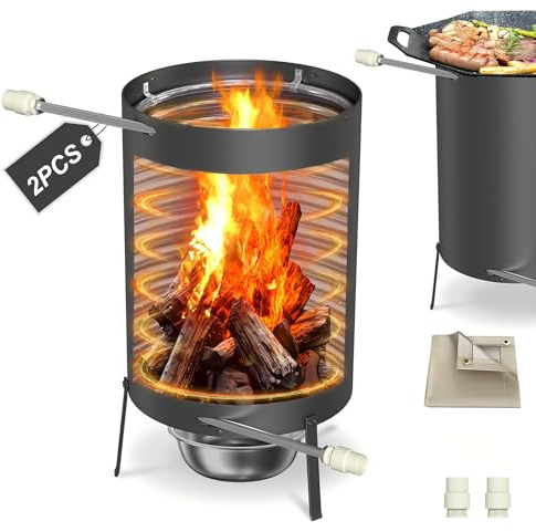 YRHome 2 poolvärmare i rostfritt stål, eldtunna med värmespiral, Ø 32/Ø 38 mm, 2 i 1-anslutning, ved-uppvärmning, med brandskyddsmatta och reficka, uppsamlingsbricka, 28 l innehåll