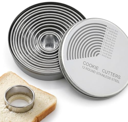 12 PCS Round Cutter Stainless Steel Cookie Cutters Set for Baking, Pastry Cutters Multiple Circle Sizes, Biscuit Cutters and Tools for Dough, Cookie Rings and Pastry Cutter Accessories for Home Bakers