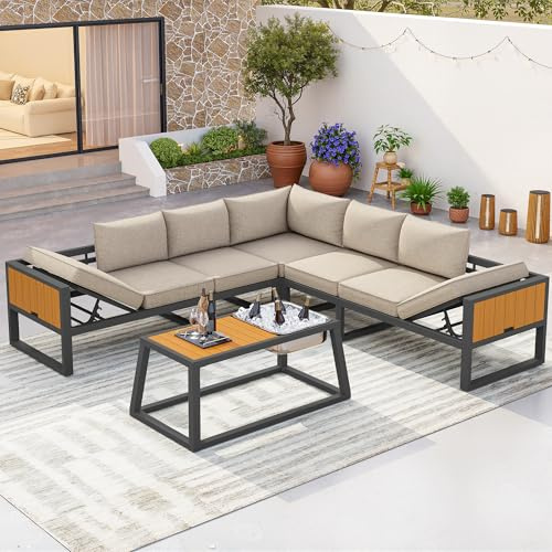 ZIDEY Modulares Outdoor-Sofa-Set mit Verstellbarer Rückenlehne, ausklappbaren Armlehnen und Metall-Eisbehälter, Gartenmöbel, Gartensofa, Loungesofa, für Terrasse, Balkon, Poolbereich,Beige