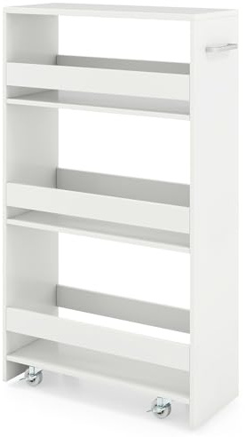 COSTWAY Carro de Almacenamiento Estrecho de 4 Niveles, Carrito Auxiliar con Ruedas, 4 Estantes, Barandillas Anticaídas y Asa, Ahorra Espacio, Carrito para Cocina, Baño, 47,5x20x80,5 cm, Blanco