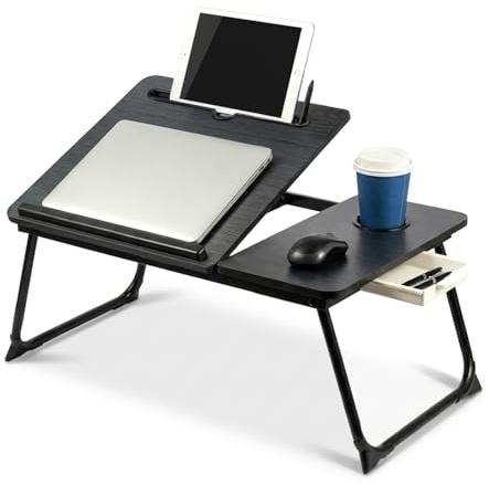 ARATERVIO Faltbarer Laptoptisch, höhenverstellbarer Laptop-Tisch mit Getränkehalter & Lesepult, tragbarer Betttisch für Sofa, Bett und Boden – geeignet zum Lesen und Arbeiten (Schwarz)