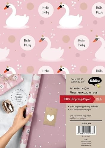 Presentpapper för födelse för babyflickor: svanar: 4 x enstaka bågar + 4 x presenthängare