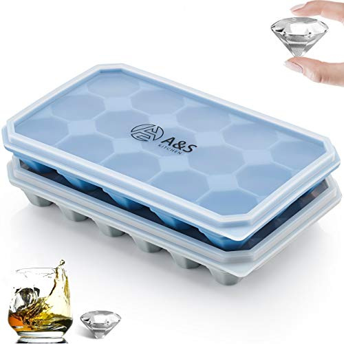 A&S Kitchen Ice Cube Tray with Spill-Resistant Removable Lid – Silicone Ice Cube Trays with Lids, Reusable, Flexible, Easy Release Ice Tray, Best for Baby Food, Water, Cocktail Drinks - Pack of 2