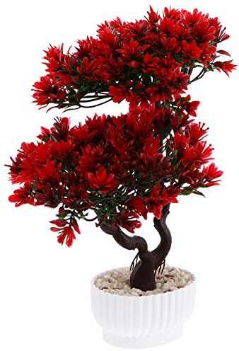 DOITOOL Artificial Potted Plant Fake Guest-Greeting Pine Bonsai Tree Ornament for Desktop Display Home Office Indoor Decor (Red)