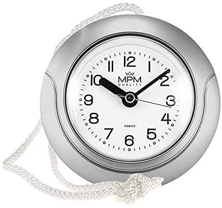 MPM Quality Design Badezimmer-Uhr aus Kunstoff, Quarz-Uhrwerk Sweep, 3-5 ATM Wasserdicht, Silber, Ø 135 mm, geeignet auch für Außenbereich und als Badezimmeruhr, Pooluhr, Küchenuhr
