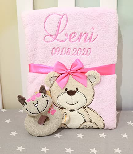 GESCHENKSET Babydecke mit Namen und Datum bestickt + Spielzeug + Geschenkbox (Rosa Teddy + Spielzeug)