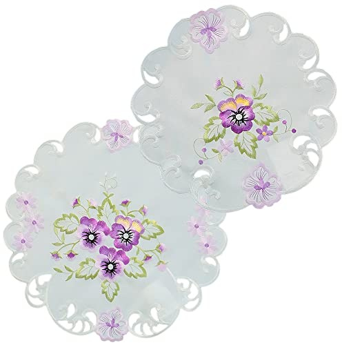 Tischdecken 2er Set Elke Ø 30 & Ø 40 cm Set edler Stick lila Stiefmütterchen & Cutwork Polyester