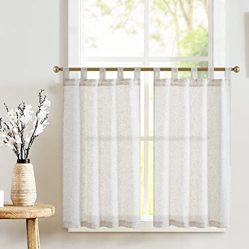 jinchan Beige Kitchen Curtains 36 Inch Linen Tier Curtains Farmhouse Tab Top Small Window Drapes Flax Country Rustic Light Filtering for Bathroom Laundry Room RV 2 Panels Crude