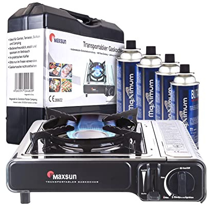 Maxsun | MaXimum Edelstahl Premium Gaskocher Set | tragbarer Campingkocher | Gaskartuschen Kocher (Kocher + 4 Kartuschen)