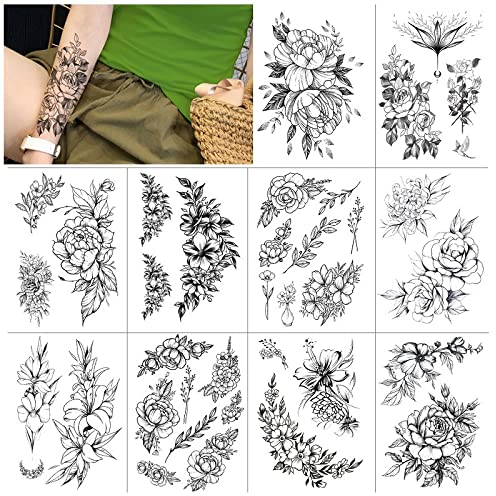 INTEROOKIE 10PCS/Package Plain Blume schwarz Tattoo Aufkleber Set handbemalt großes Muster Halbarm Skizze Blume Wassertransferdruck 3D-Simulation Aufkleber