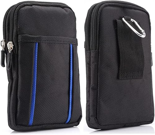 Small Cell Phone Waist Bag for Men, Cell Phone Belt Clip Pouch Black, Universal Cell Phone Sleeve with Zipper Neck Lanyard Belt Loop Holster Purse Pocket with Carabiner Hook Handbag Carrying Case