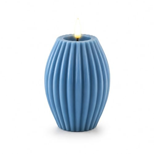 ReWu LED Kerze Deluxe Homeart Rillenkerze Oval Echtwachs Ice Blue | Hochwertiger Wachsspiegel, Ovale Formkerze