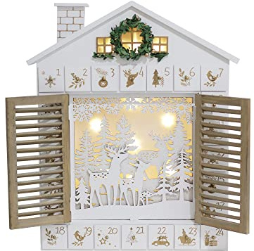 PE Julkalender i trä för att fylla med 24 lådor - vitt hus med fönsterluckor och LED-upplyst scen - 38,5 x 5,8 x 46,3 cm