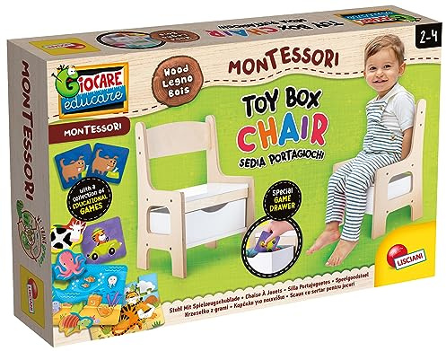 Lisciani - MONTESSORI - Holzstuhl für Spielzeug - Lernspiele - Bequem - Stuhl aus echtem Holz - Aufbewahrungsschublade - Orange und Beige - Für Kinder ab 2 Jahren