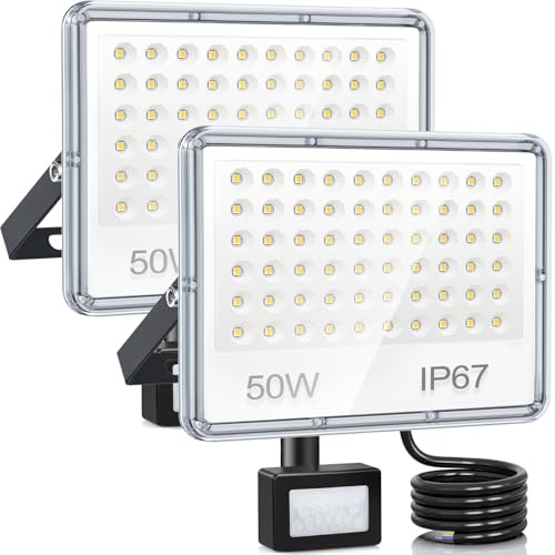 YIQIBRO Faretto con Sensore di Movimento 50W 2 Pezzi, 5000LM 6500K Faro LED Esterno con Sensore Movimento, Luci LED Impermeabile IP67 Lampada Esterno per Giardino, Terrazza, Garage, Magazzino